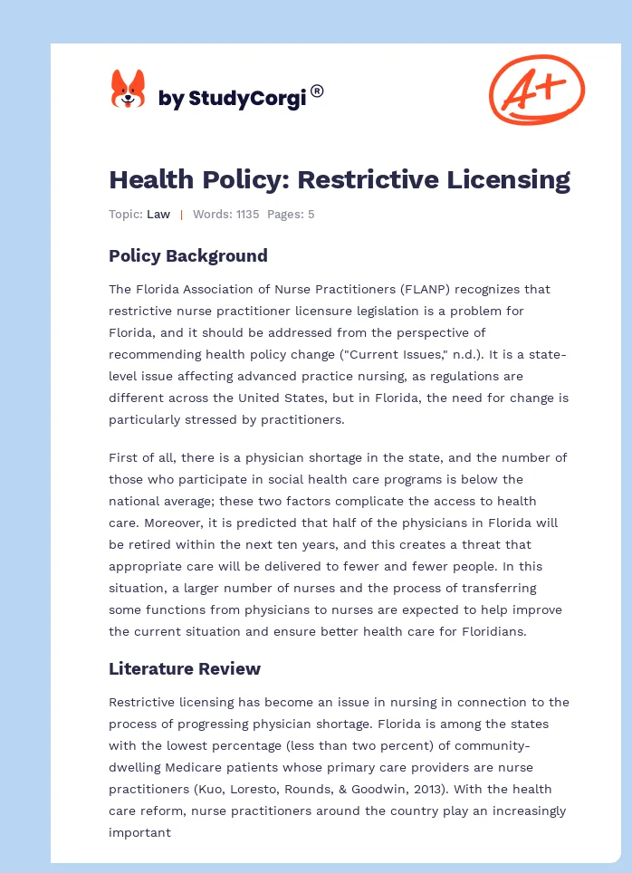 Health Policy: Restrictive Licensing. Page 1