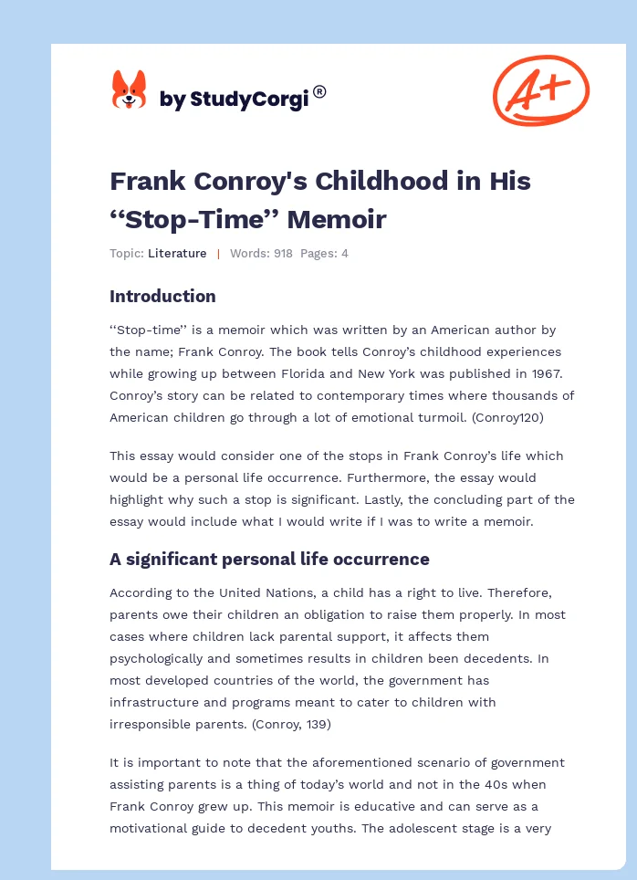Frank Conroy's Childhood in His ‘‘Stop-Time’’ Memoir. Page 1